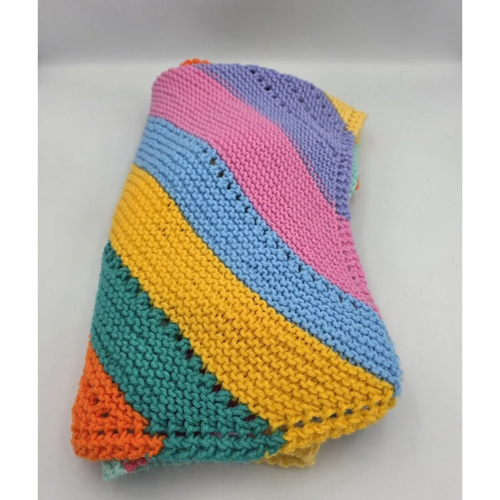 Handmade Crochet Baby Blanket Afghan Throw Rainbow Stripe Bright Colorful 32×30